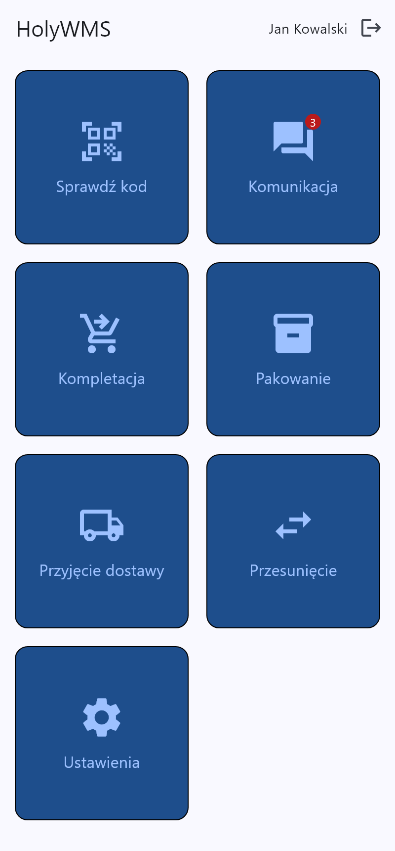 HolyWMS na telefonie: tryb jasny, kolor granatowy
